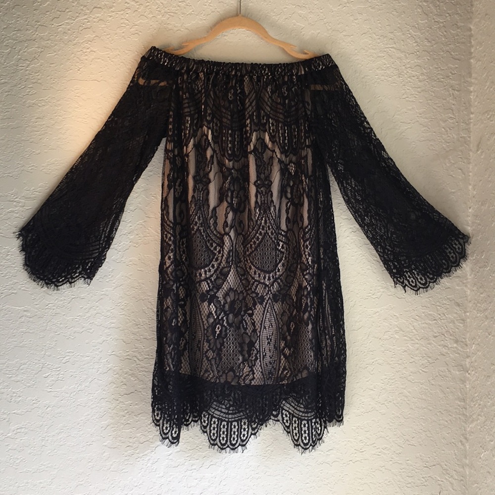 Off the Shoulder Lace and Beige Cocktail Dress